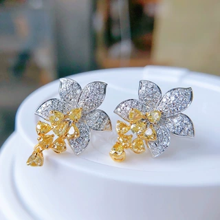 新款轻奢微镶满钻阿斯切黄钻花朵耳钉女 ins风设计师款锆石饰品