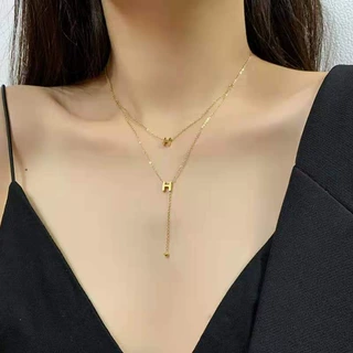 钛钢字母H项链轻奢小众双层锁骨链双H流苏百搭颈链饰品  厂家直批