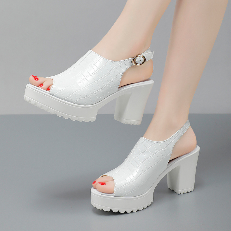 Crocodile pattern peep toe women's shoes patent leather high heel sandals women's summer dress 2024 New Fashion white chunky heel