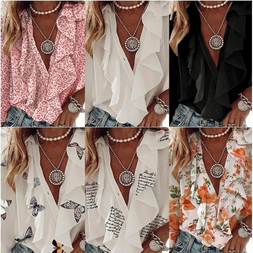 European and American style spring and autumn fashion V-neck puffed sleeve shell fabric letter floral print long-sleeved shirt top