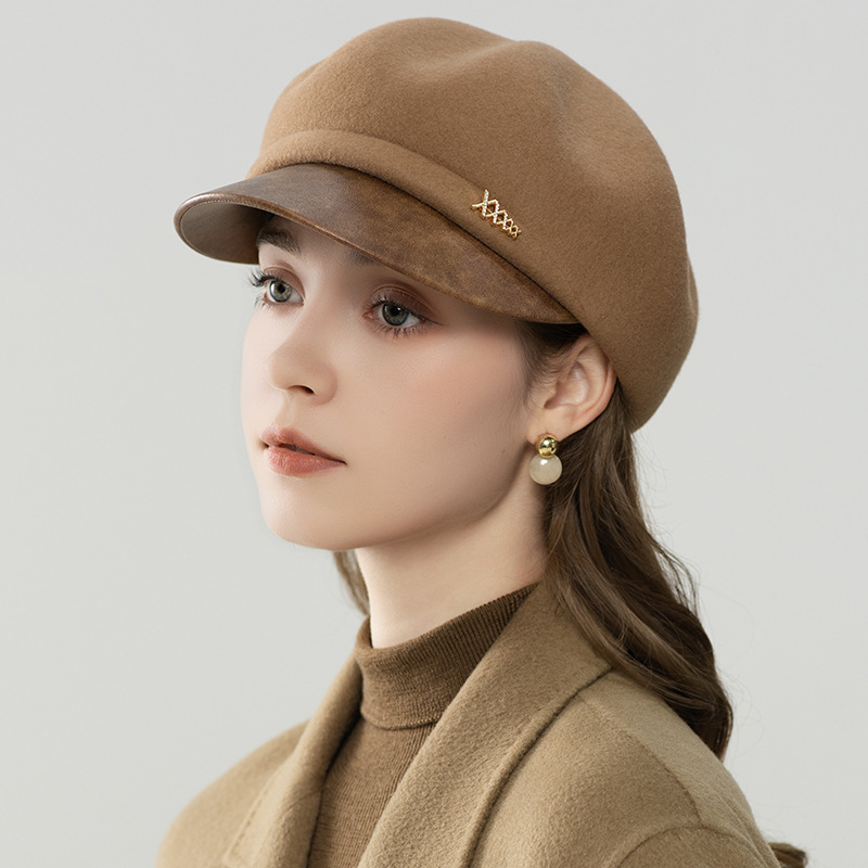 Mũ nồi len nữ phong cách Anh cổ điển, mũ họa sĩ, mũ bát giác mùa thu đông — màu đen