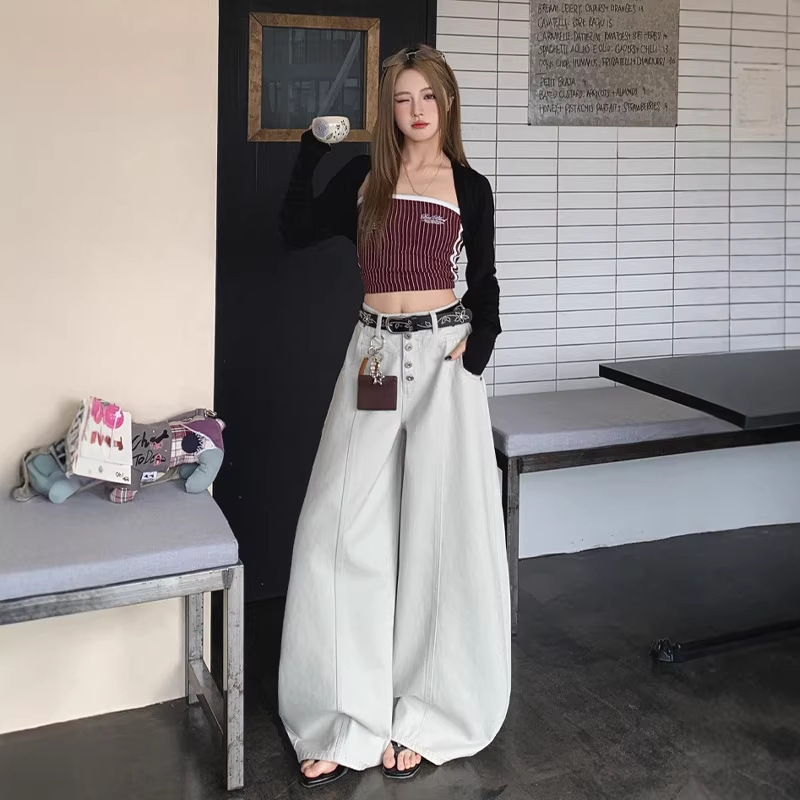 New Arrivals from the Thirteen Lines Spring Collection: Grayish White American Retro Style Spicy Girl Single-Breasted Wide-Leg Loose Drapey Slimming Jeans Trendy