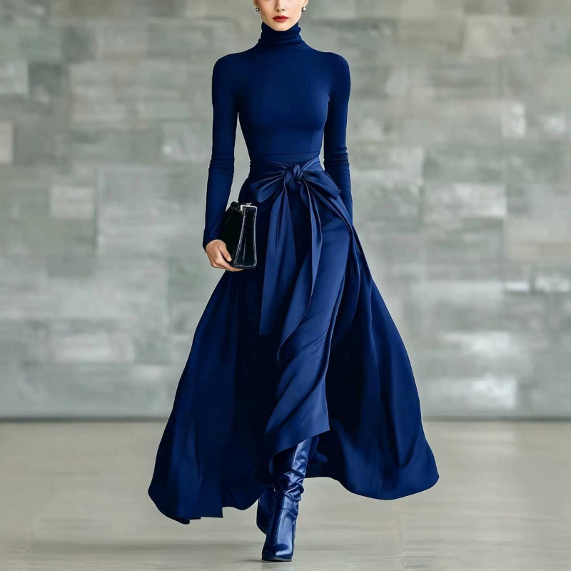2026 Autumn/Winter European and American style long-sleeved high-neck dress with tie detail, flared hem, slim fit, elegant, and suitable for work, in solid colors 2026 Autumn/Winter European and American style long-sleeved high-neck dress with tie detail, flared hem, slim fit, elegant, and suitable for work, in solid colors