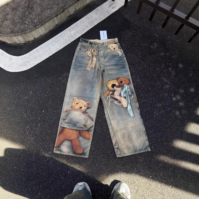 Ac Style Affordable New Collection Teddy Bear 3D Print Loose Low-Waist Wide-Leg Jeans Exclusively for Cross-Border Sales Ac Style Affordable New Collection Teddy Bear 3D Print Loose Low-Waist Wide-Leg Jeans Exclusively for Cross-Border Sales