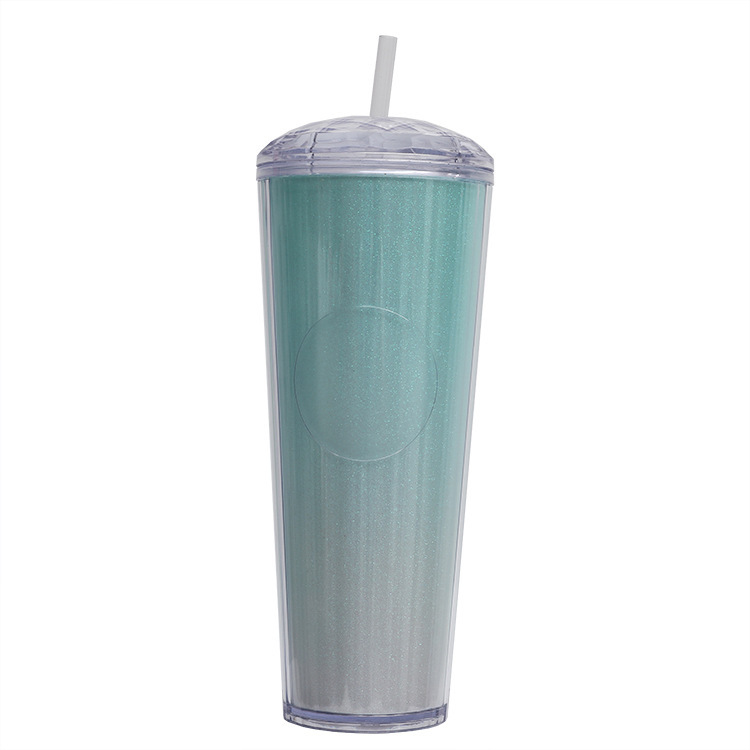 夏用女性向け二重構造シンプルプラスチックカップ 大人向けクリエイティブで持ち運びやすいおしゃれな冷水用ストロー付き携帯カップ|undefined