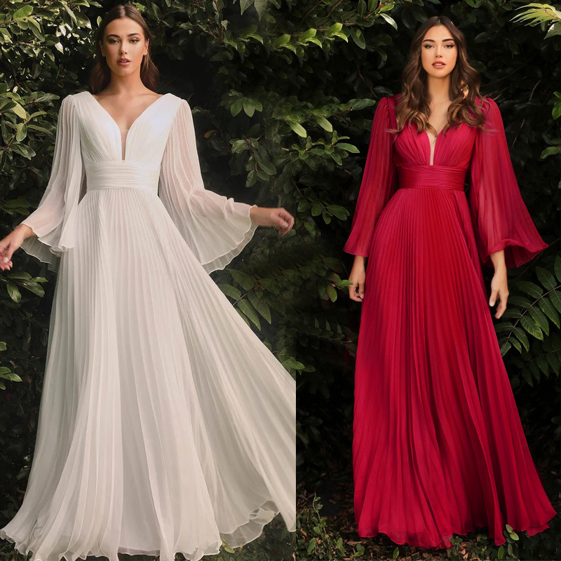 2022 europeo y americano transfronterizo Comercio exterior nueva ropa de mujer deseo Amazon sexy profundo V Vestido de manga larga vestido Delgado image 3