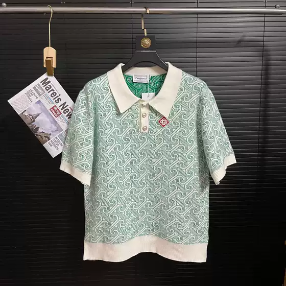European and American Autumn and Winter New Cross-border ca Casa Polo Neck Knitted Short-sleeved T-shirt Jacquard Interwoven Pattern Men's and Women's Same Style