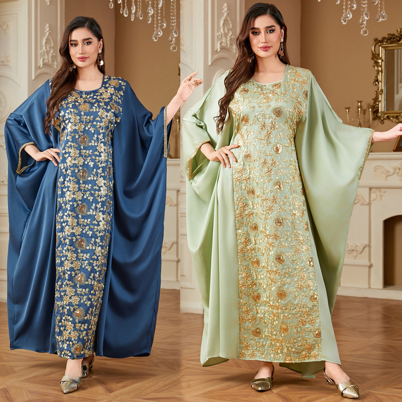 6607 Fashionable Sequin Embroidered Dress with Batwing Sleeves, Cinched Waist, and Loose-Fitting Gown 6607 Fashionable Sequin Embroidered Dress with Batwing Sleeves, Cinched Waist, and Loose-Fitting Gown