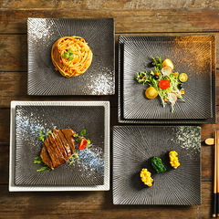 源頭廠家陶瓷正方盤復古條紋日式料理壽司平盤創意西餐意面牛排盤