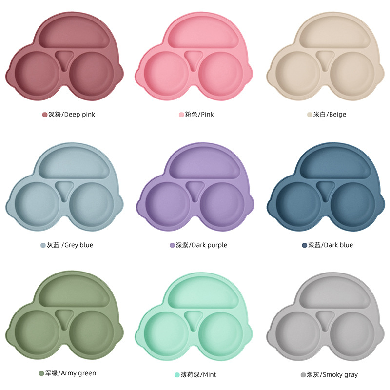 Silicone de dibujos animados para niños automóviles divididos plato de comedor integrado para bebés suplemento plato de comedor de grado alimenticio silicona ventosas