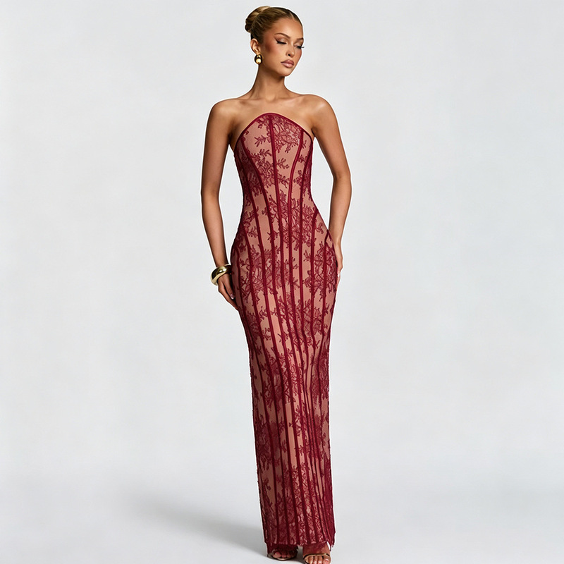 European and American Women's Clothing, Retro Evening Dress, New Sexy Low-Cut Suspender Lace Dress, Light Luxury Style, Slim-Fitting Long Dress European and American Women's Clothing, Retro Evening Dress, New Sexy Low-Cut Suspender Lace Dress, Light Luxury Style, Slim-Fitting Long Dress