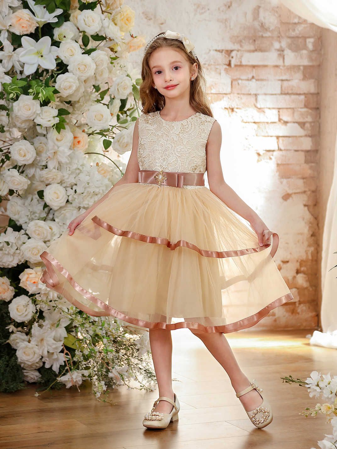Vestido de princesa para niñas Vestido de cola sin mangas Vestido de novia de niña de las flores Falda de tul Espectáculo de pasarela para niños Espectáculo de piano Vestido de noche