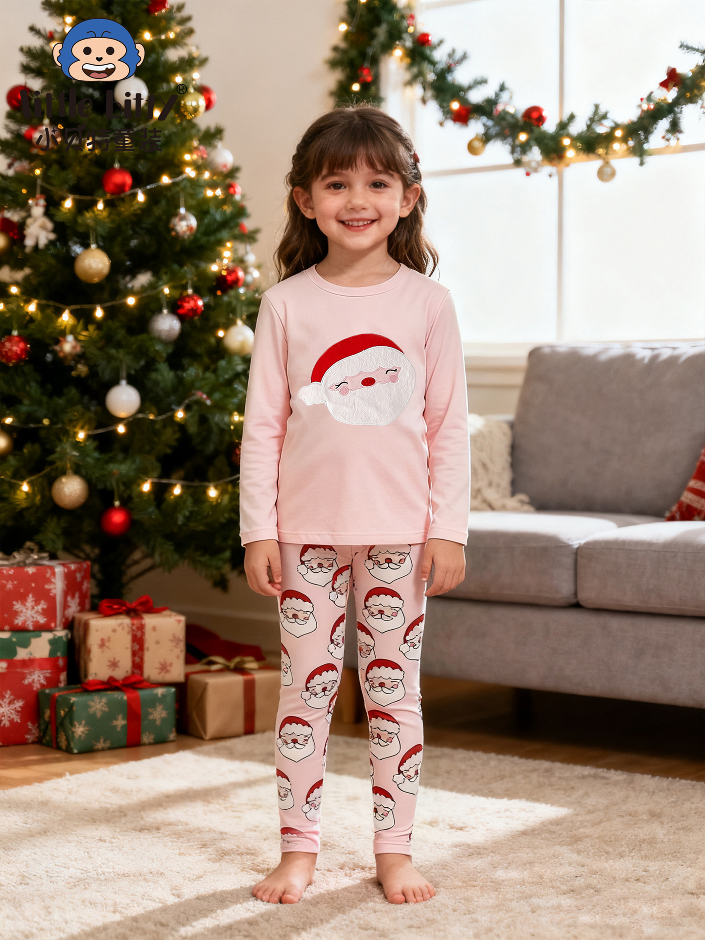 Cross-Border Children's Clothing Christmas Children's Home Clothes Set Cartoon Santa Claus Embroidered Tight Pajamas Ready for Sale