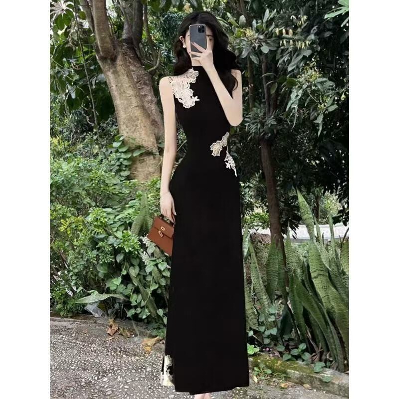 New Chinese-Style Stand-Collar Sleeveless Lace Dress with Semi-High Collar, Drapey High-Waisted A-Line Black Long Dress, Summer New Style