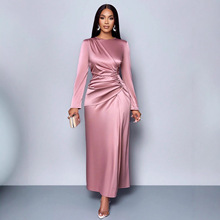 欧美跨境外贸2025新款纯色高级感缎面连衣裙时尚优雅气质轻晚礼裙