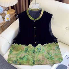 时尚拼接减龄气质百搭马夹女新中式国风丝绒马甲秋装立领叠穿开衫