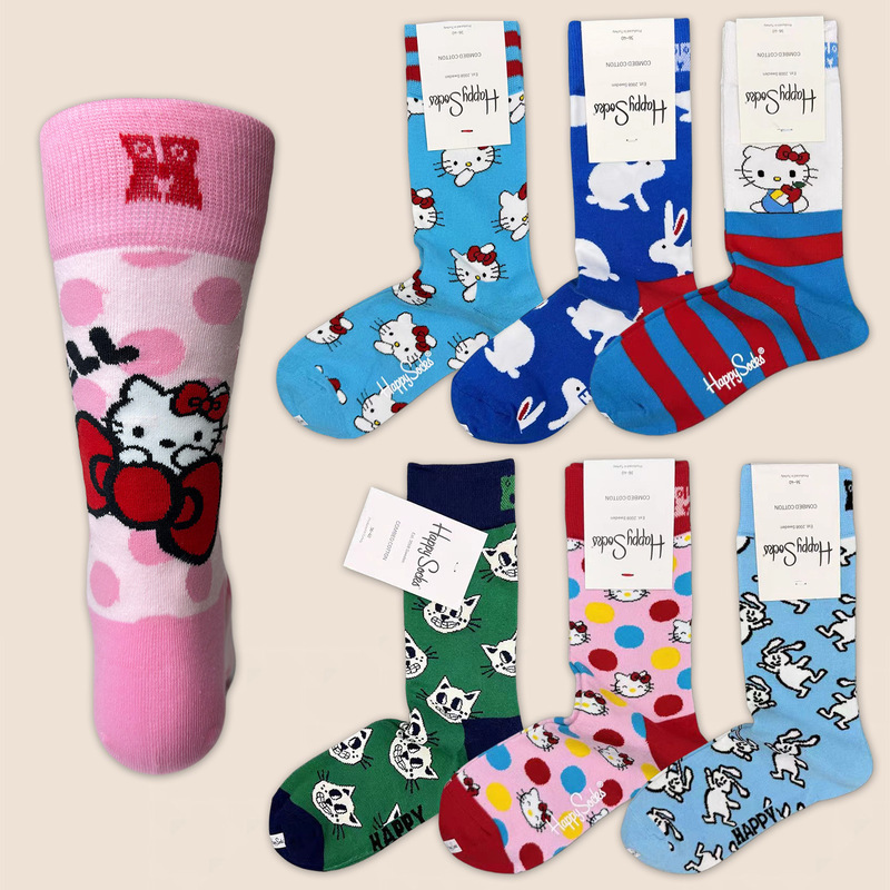 Happy Socks Mid-Calf Women's Socks New Kitty Cat Cartoon Happy Collaboration Cute Spring Cotton Wholesale