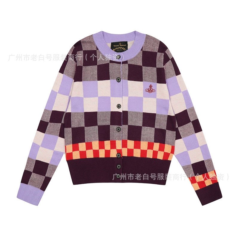 Vivienne west wood West Queen Mother Vivienne Saturn вышитая клетчатая ретро вязаный кардиган свитер