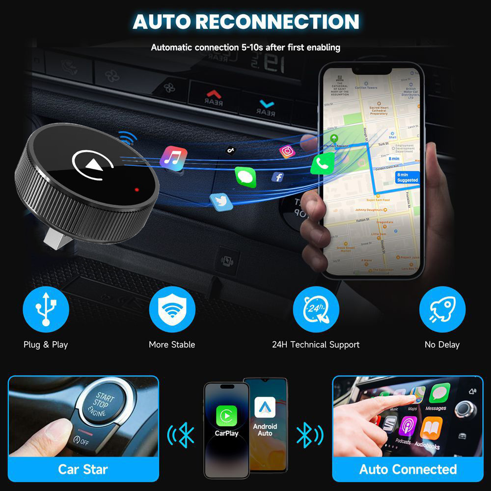 New Wireless Carplay Box Android Auto 2-in-1 Car-Mounted Wired to Wireless Adapter Cross-Border Hot Seller
