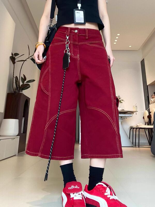 Sickle Workwear Jeans for Women, American Style, Red, Hot Girl, Retro Trendy Street Style, High-Waisted Slimming Cropped Pants Sickle Workwear Jeans for Women, American Style, Red, Hot Girl, Retro Trendy Street Style, High-Waisted Slimming Cropped Pants