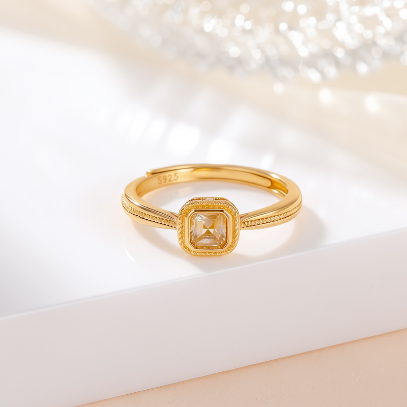 Nhẫn bạc S925 mạ vàng đính đá cubic zirconia hình vuông phong cách thời trang — Loại bạc