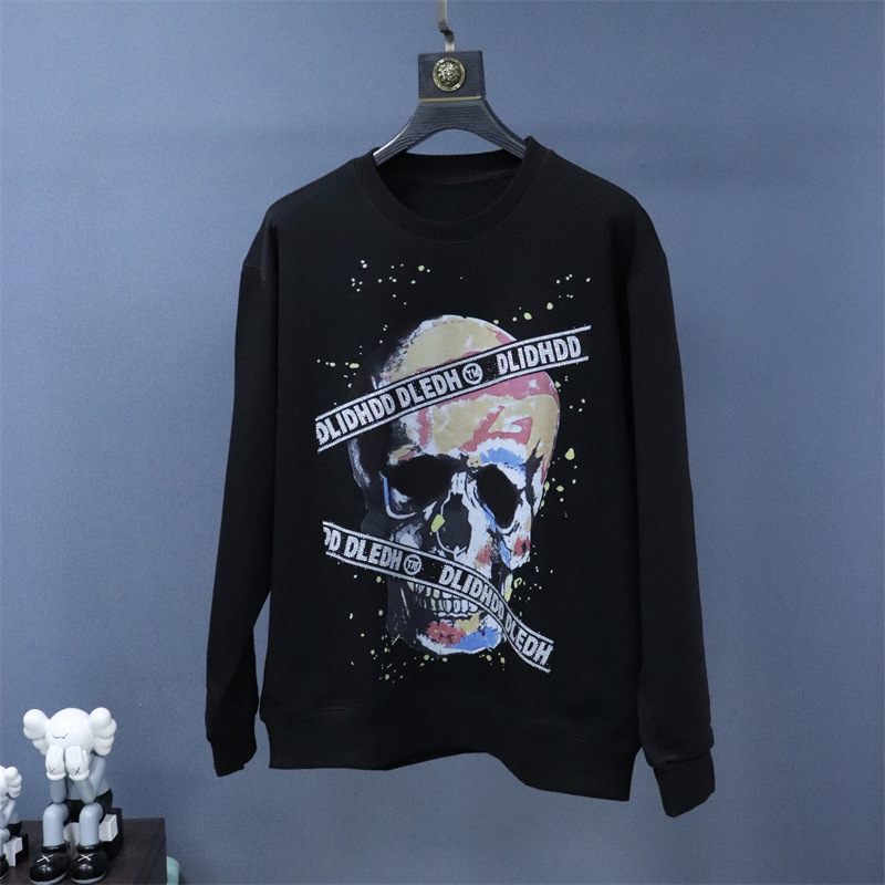 Digital Print Rhinestone Skull Pullover Sweatshirt, Oversized Loose Fit, Long Sleeve, European and American Style, Crew Neck