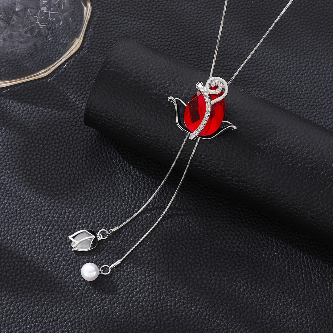 Collar Largo para Suéter con Borla y Perlas de Aleación para Otoño e Invierno