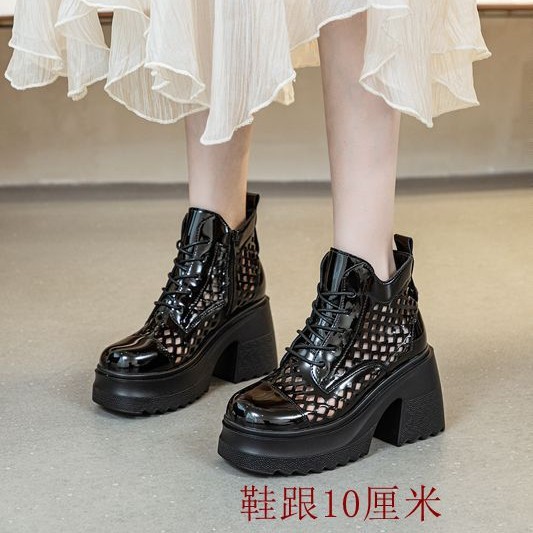 Women's Sandals with Thick Soles and Chunky Heels 10cm Height-Increasing Genuine Leather Short Boots British Style Hollow Casual Trendy Boots