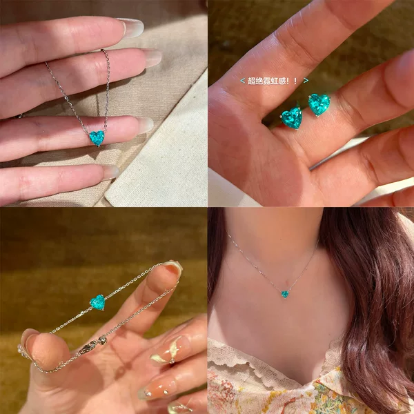 Simple and Exquisite Paraiba Blue Heart-Shaped Pendant Necklace, Heart-Shaped Colored Gemstone Earrings, Super Sparkling White Diamond Retractable Bracelet