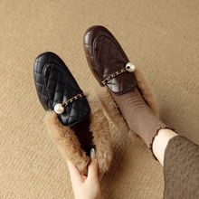 小香风毛毛鞋女外穿秋冬一脚蹬加绒豆豆鞋兔毛乐福鞋软皮平底单鞋