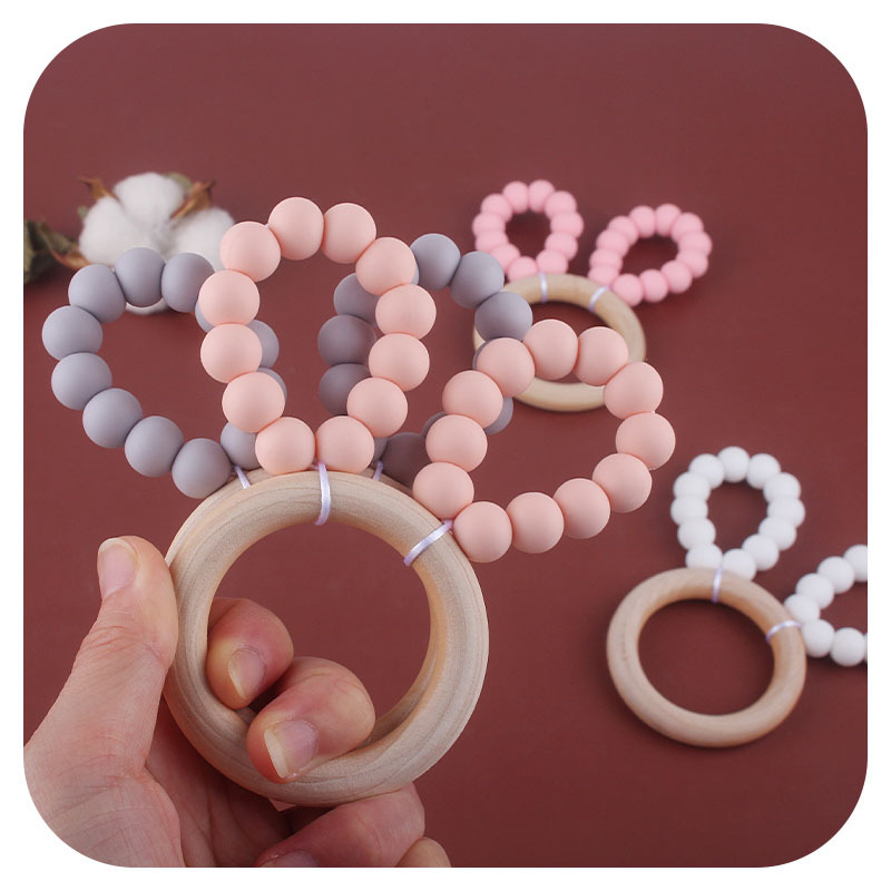 DIY bebé creativo Hemu anillo teether pulsera juguete teether cuentas de silicona Orejas de conejo teether palo