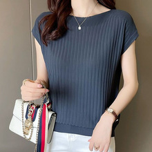 夏季新款一字领高档t恤冰丝短袖女圆领宽松针织衫洋气蝙蝠袖外穿