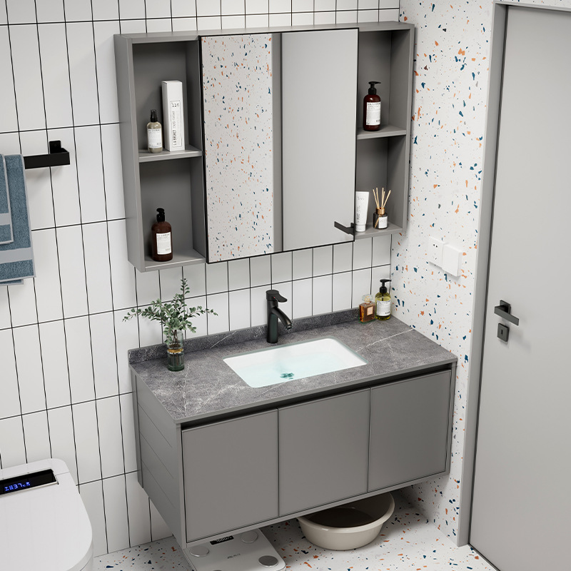 Moderno simple espacio aleación de aluminio baño gabinete combinación baño lavabo cerámica lavabo integrado lavabo