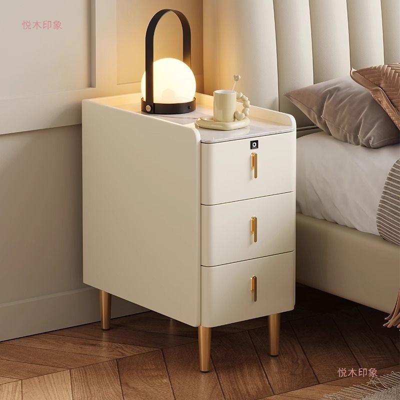 Solid Wood Ultra-Narrow Smart Small Bedside Table Light Luxury Modern Simple Bedroom Home Wireless Charging Slate Bedside Table