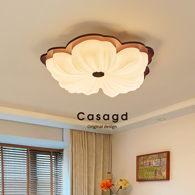 Wabi-Sabi Style Bedroom Ceiling Light in Walnut Wood Color with Floral Design, Vintage Solid Wood Eye-Protection Lighting for Master Bedroom and Study Room Casagd