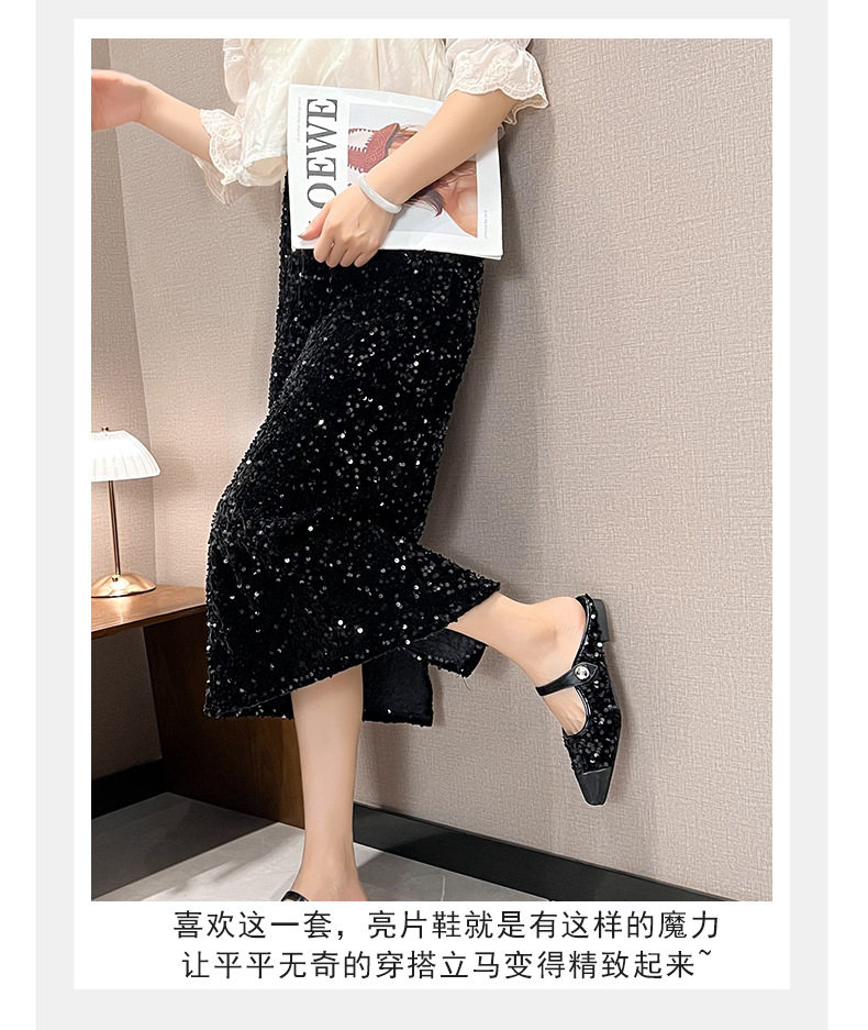 Dép mule sandal nữ bít mũi vuông quai ngang đính sequin lấp lánh, gót thấp 1–3 cm — Màu bạc, Màu đen chi tiết 19