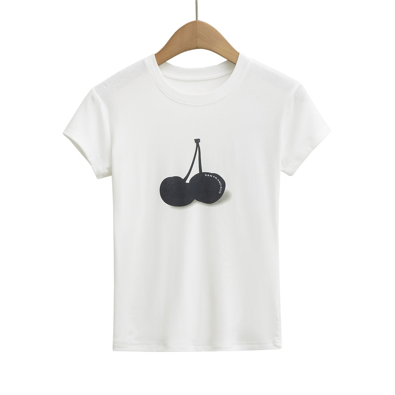 ラウンドネック Tシャツ工場卸売白シンプルチェリーファッション半袖 2025 新しい右肩痩身ショートトップ|undefined
