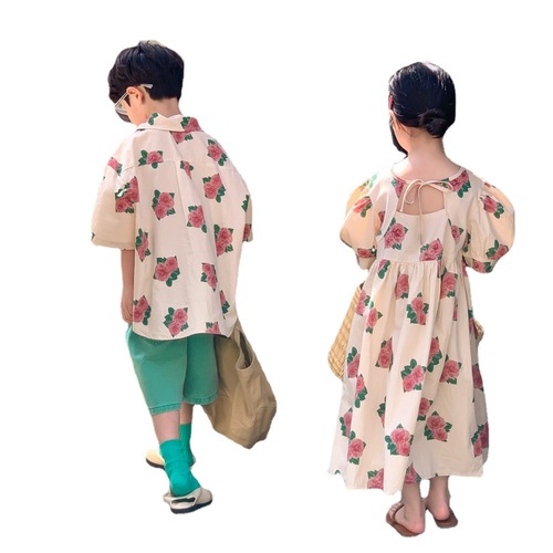 Children's brother and sister clothing 2024 summer style boys and girls Korean style loose peony print short-sleeved shorts suit puff sleeve skirt