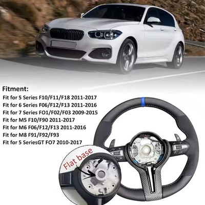 Steering wheel – leather, suede, carbon fiber - semi-suede-with-blue-leather-straightened-carbon-fiber-black-fork-black-buttons-long-paddle-flat-mouth