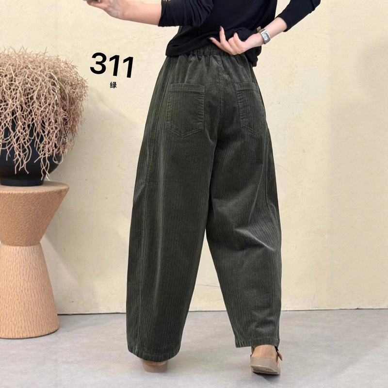 弹力条绒休闲裤女 2025秋新款松紧腰复古文艺宽松大码直筒裤 311|undefined