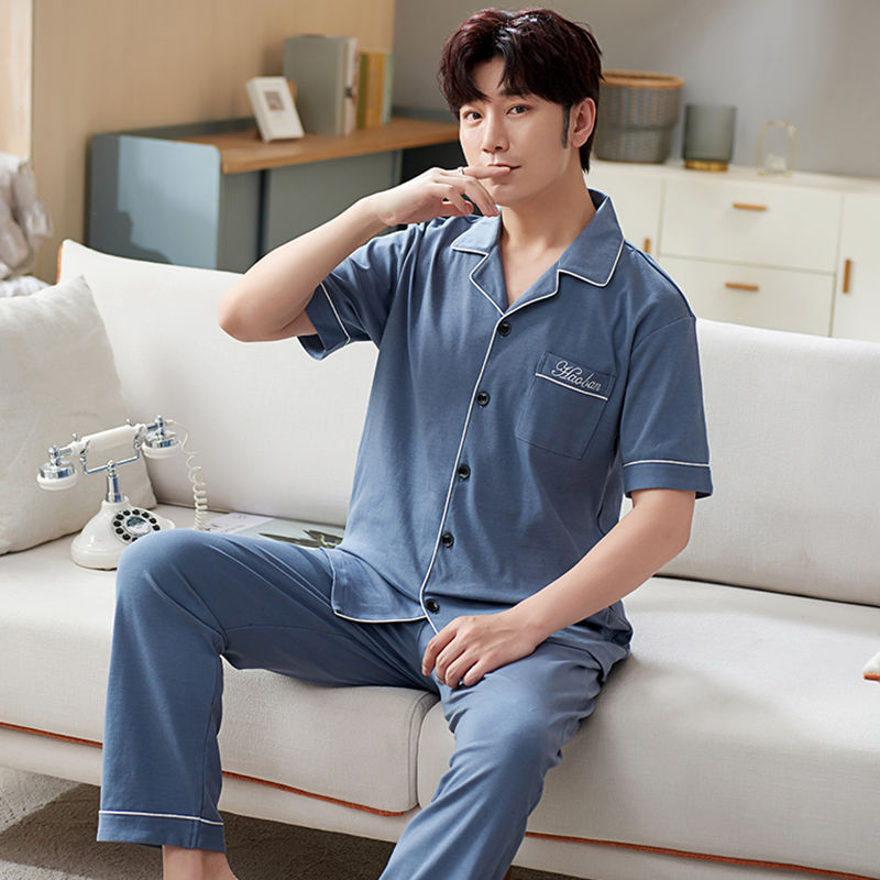 Pijamas pantalones de manga corta para hombres algodón verano delgado cardigan solapa ropa para el hogar más traje de tamaño