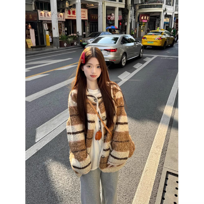 韩版复古条纹连帽卷卷仿羊羔毛毛外套女秋冬松弛毛呢长袖开衫上衣|undefined
