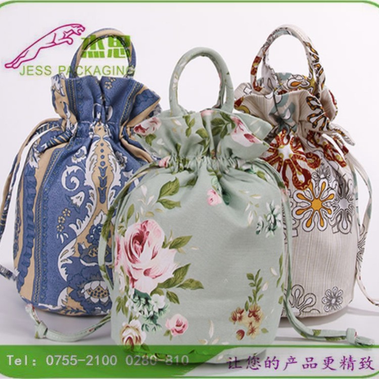 设计新款古风帆布水桶收纳包印花束口袋创意抽绳手提包量大从优