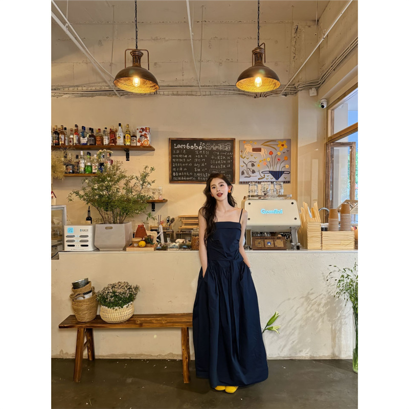 Correct Version! Casual Pure Color Bow Strap Suspender Dress Women's Summer Vacation Casual Series Long Skirt