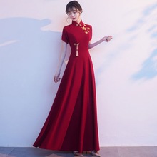 晚会冬季晚礼服女新款红色主持人中国风红歌大合唱团演出服