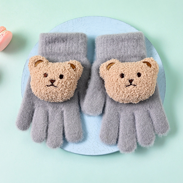 New Children's Gloves Winter Fashion Super Cute Bear Cartoon Plus Velvet Warm Baby Gloves Wholesale for Small and Medium-Sized Children