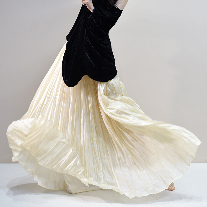 Matte Silk Long Skirt for Women 2026 Spring/Summer New High-Waisted Slimming Pleated Long Skirt with Drapey A-Line Silhouette