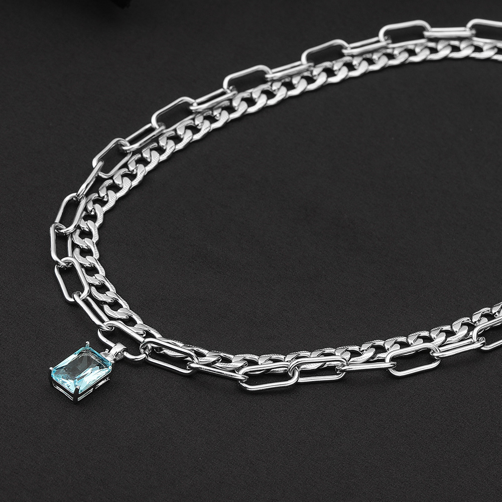 Double Layer Men's Necklace With Blue Zircon Titanium Steel_voghion.com