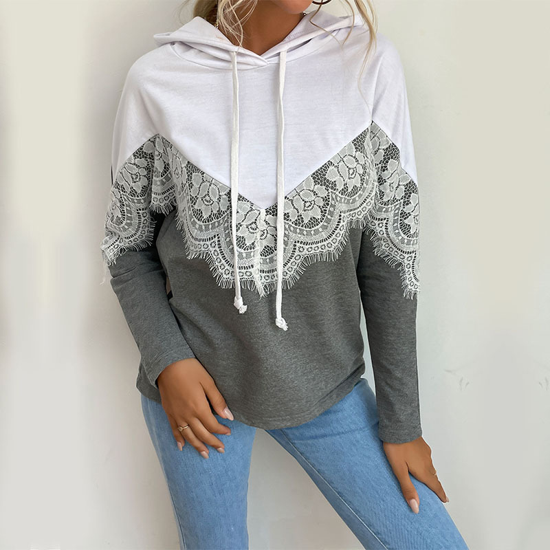 Contrast Color Lace Panel Long-sleeved Sweatshirt Hooded Pullover_voghion.com