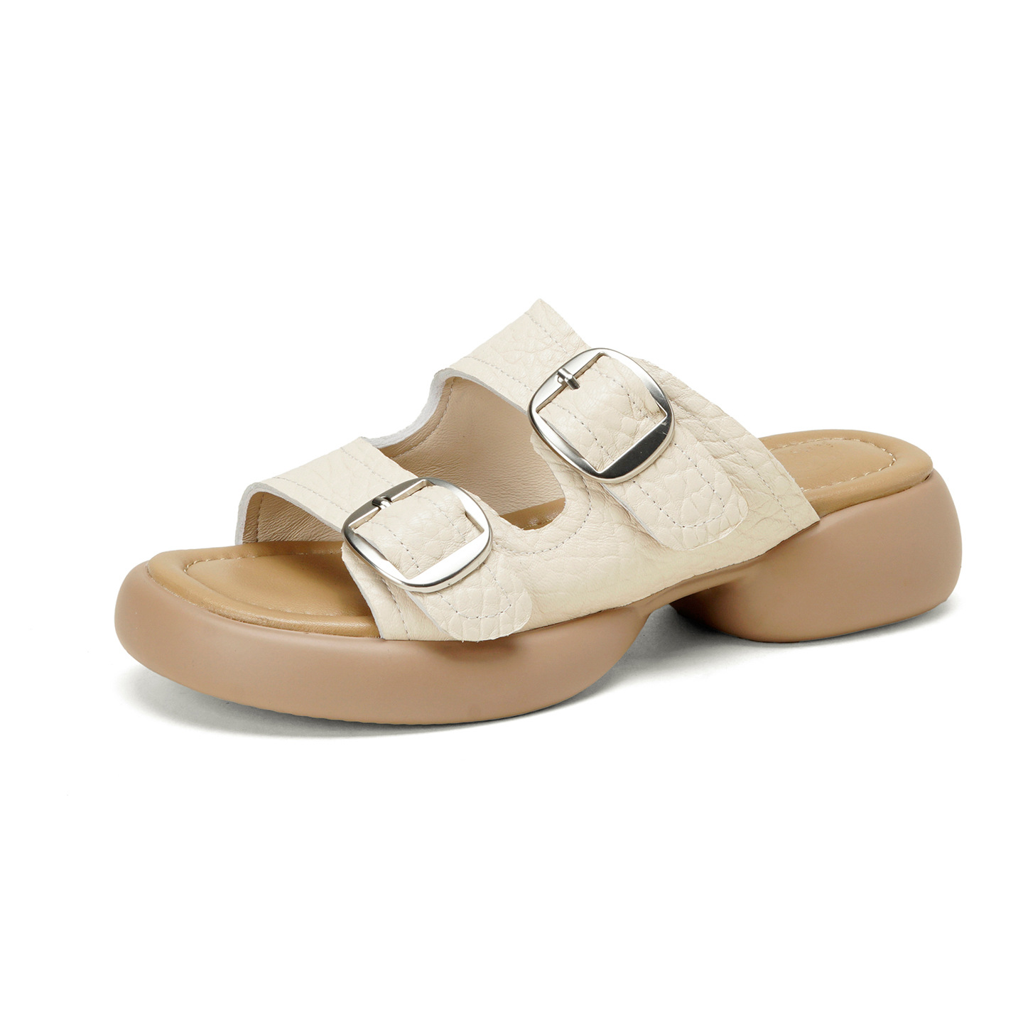 Dép sandal nữ quai chữ V đế dày da cừu khóa thắt lưng — Xám voi chi tiết 18